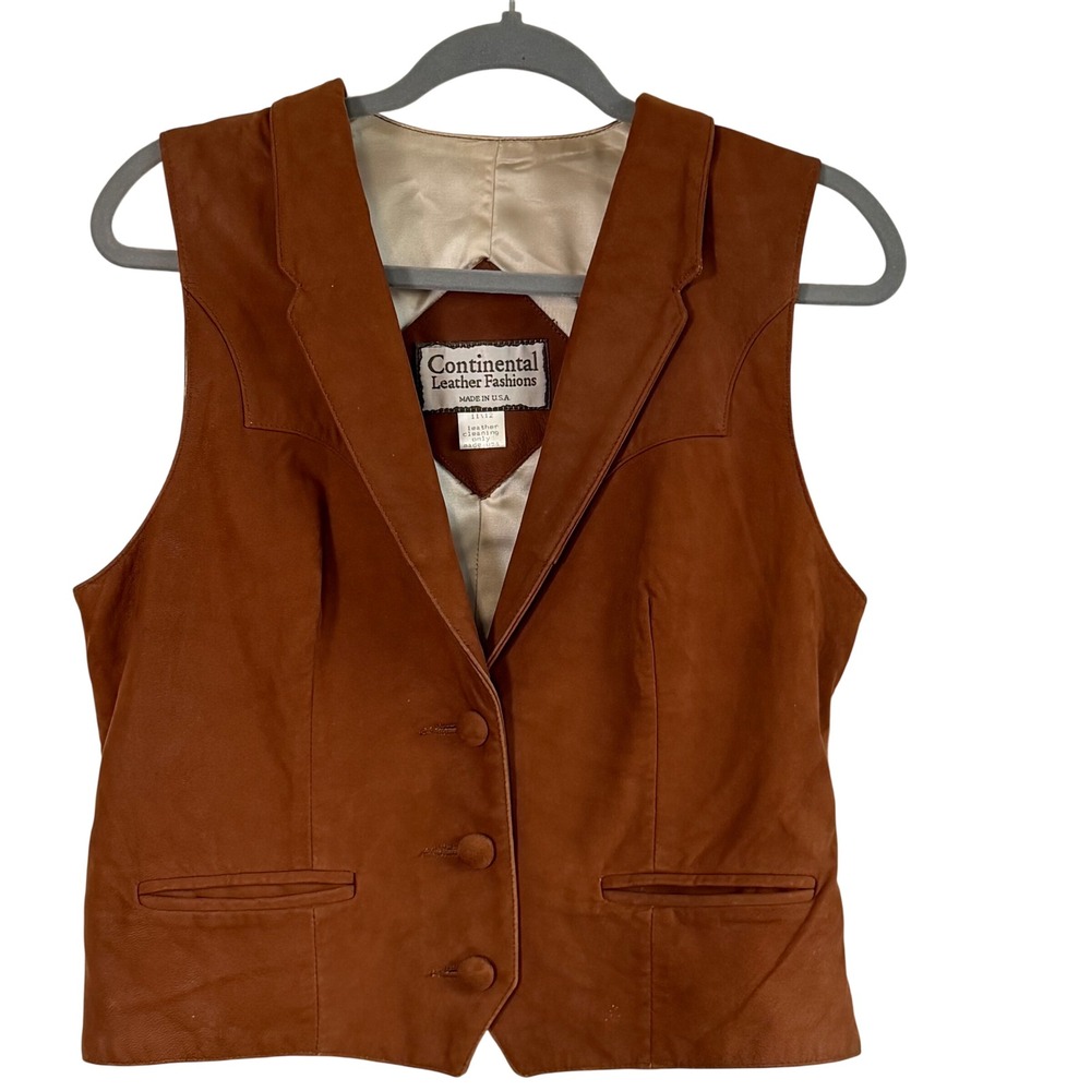 VTG Made in USA Camel Leather Western Vest Lapel‎ Rodeo Cowboycore Sz 11/12